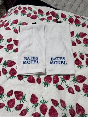 Set of two White Hand Towels with Blue "Bates Motel" Embroidery